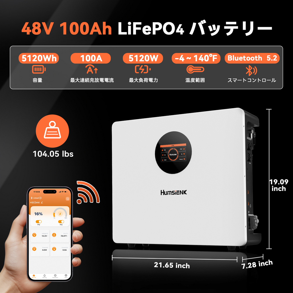 Humsiek 48V 100Ah 5.12kWh 壁掛け式 Bluetooth LiFePO4 バッテリー（アクティブバランシング機能およびLCDタッチスクリーン搭載）