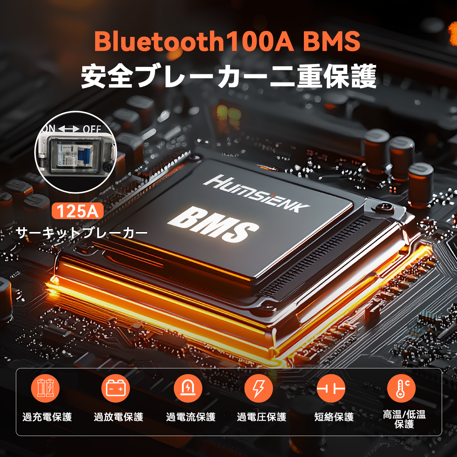 Humsiek 48V 100Ah 5.12kWh 壁掛け式 Bluetooth LiFePO4 バッテリー（アクティブバランシング機能およびLCDタッチスクリーン搭載）