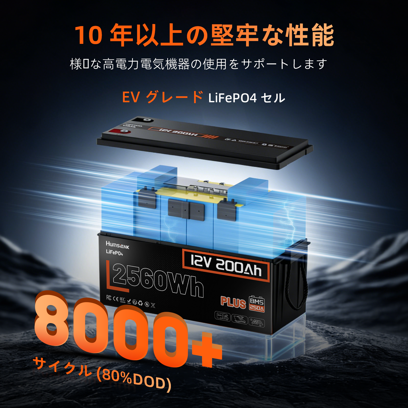 Humsienk 12V 200Ah  LiFePO4バッテリー 2.56kWh バンライフ＆オフグリッド向け