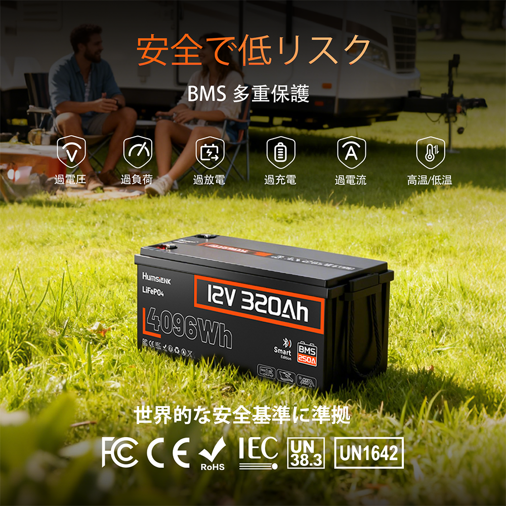 Humsienk 12V 320Ah Bluetooth リン酸鉄リチウム バッテリー、容量 4.09kWh、250A BMS 保護、RV 生活やオフグリッド環境に適しています。
