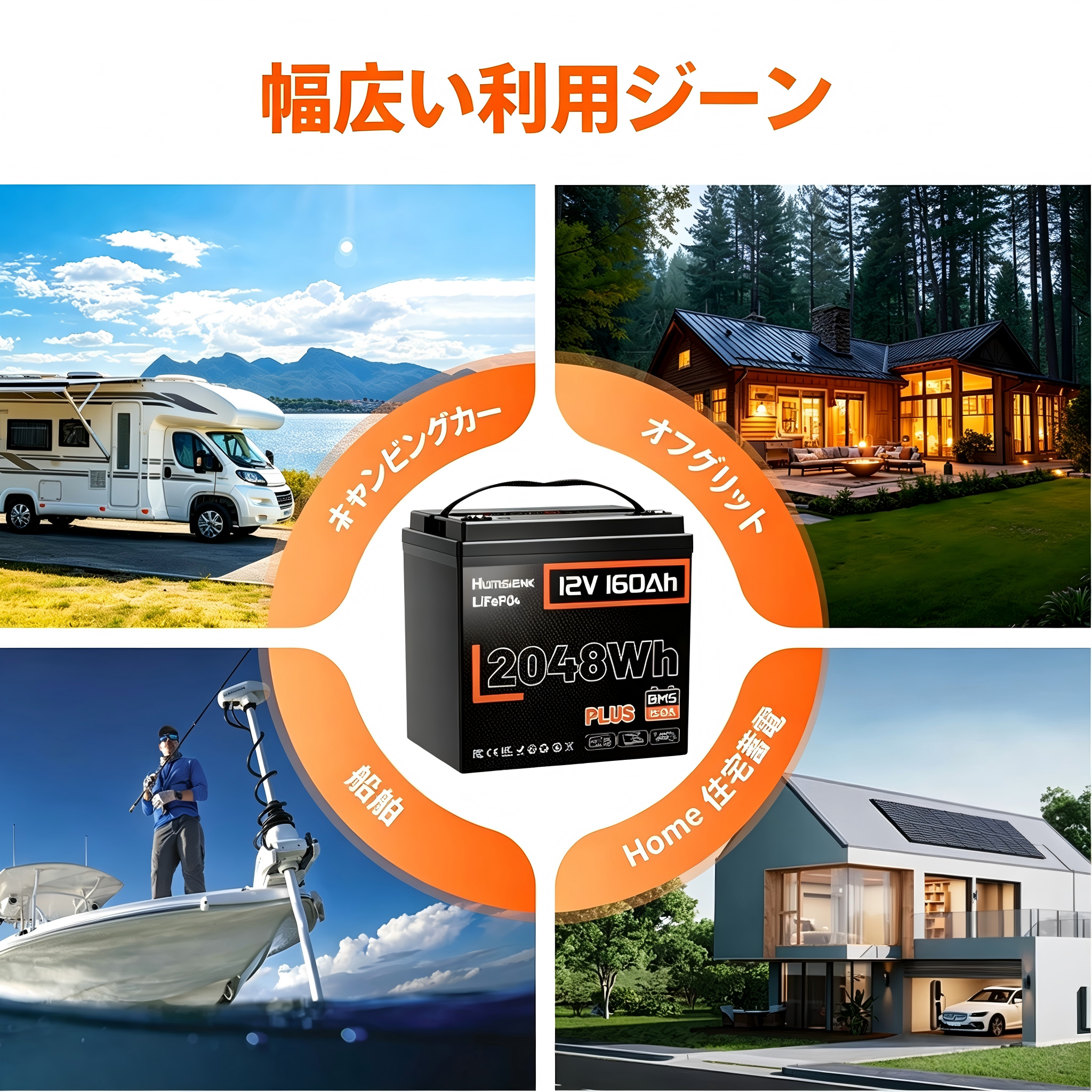 Humsienk 12V 160Ah Plus リン酸鉄リチウムイオンバッテリー 150A 低温保護機能付き BMS 搭載｜有効容量 2048Wh キャンピングカー・船舶向け