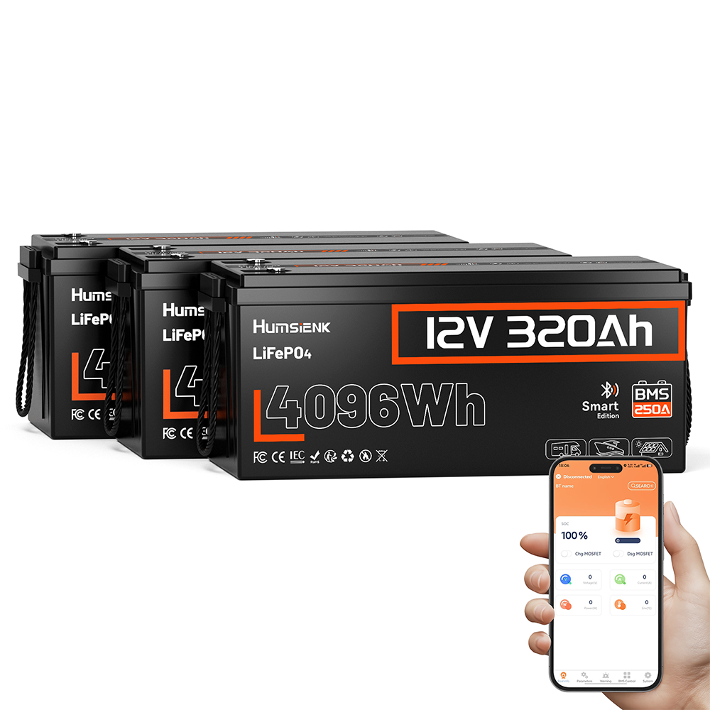 【地震備え 非常電源】Humsienk 12V 320Ah Bluetooth リン酸鉄リチウム バッテリー、容量 4.09kWh、250A BMS 保護、RV 生活やオフグリッド環境に適しています。