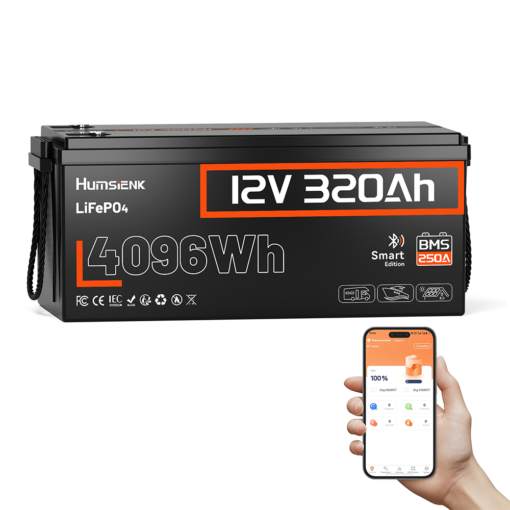 Humsienk 12V 320Ah Bluetooth リン酸鉄リチウム バッテリー、容量 4.09kWh、250A BMS 保護、RV 生活やオフグリッド環境に適しています。