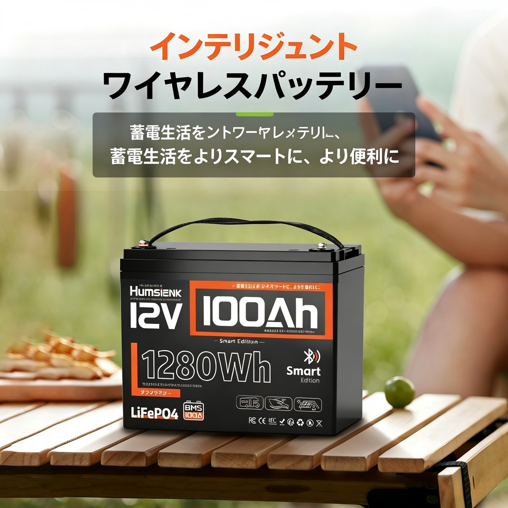 Humsienk 12V 100Ah グループ 24 鉛蓄電池代替 Bluetooth 搭載 リン酸鉄リチウムイオンバッテリー 1.28kWh キャンピングカー・ボート用