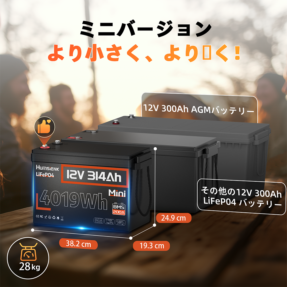 Humsienk 12V 314Ah リン酸鉄リチウム電池、超コンパクト設計、エネルギー容量 4.01kWh。