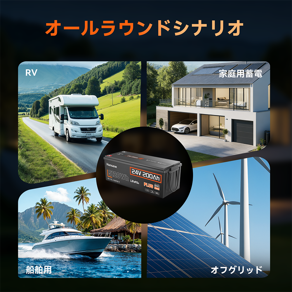Humsienk 24V 200Ah Plus 5120Wh LiFePO4バッテリー（RVおよび船舶用