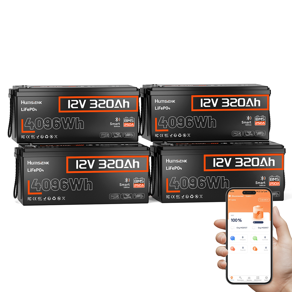 Humsienk 12V 320Ah Bluetooth リン酸鉄リチウム バッテリー、容量 4.09kWh、250A BMS 保護、RV 生活やオフグリッド環境に適しています。