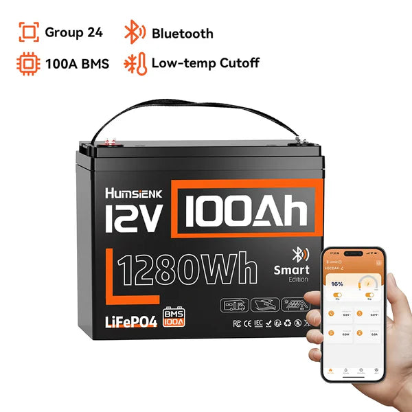 Humsienk 12V 100Ah グループ 24 鉛蓄電池代替 Bluetooth 搭載 リン酸鉄リチウムイオンバッテリー 1.28kWh キャンピングカー・ボート用